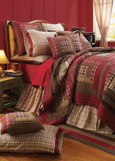 Our Tacoma Quilted Bedding is so pretty with it's rich color and log cabin pattern. We having coordinating accessories to complete your room, such as curtains and rugs. https://www.primitivestarquiltshop.com/products/tacoma-king-quilt #primitivebedding #quiltedbedding #braidedrugs #countrycurtains Rustic Bedrooms, Lodge Bedding, Rustic Cabins, Rustic Log Cabin, Cabin Furniture, Fall Bedding, Vhc Brands, Bed Comforter Sets, Western Furniture