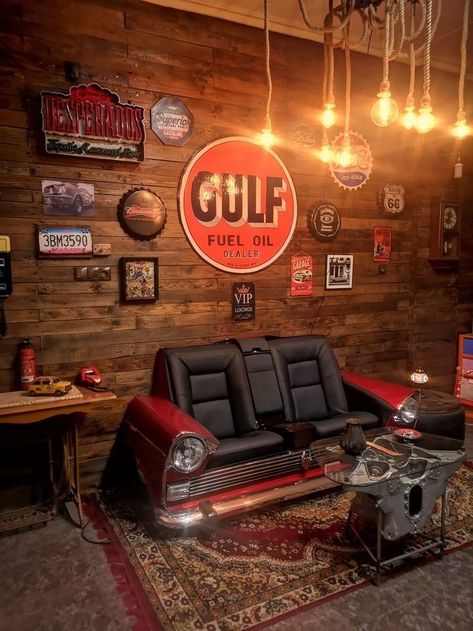 Car Man Cave Ideas, Car Garage Ideas Design Interiors, Car Shop Interior Design, Garage Seating Ideas, Car Cafe Design, Garage Cafe Design, Man Cave Garage Decor, Car Garage Ideas Man Caves, Garage Design Man Cave