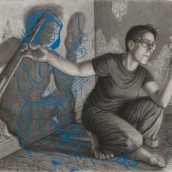 Lehrer's multi-media portrait of acclaimed cartoonist and graphic novelist , Alison Bechdel, is an engaging image. I envision that it could help facilita... Alison Bechdel, Blue Drawings, Lesbian Art, Lgbt Art, National Portrait Gallery, Portrait Gallery, Life Drawing, Art Therapy, Female Artists