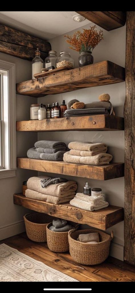 Rustic Kitchen Ideas, Bathroom Storage Hacks, Small Bathroom With Shower, Walnut Shelves, Metal Wall Shelves, Cabin Bathrooms, Small Bathroom Storage, Bathroom Inspiration Decor, Bathroom Redo