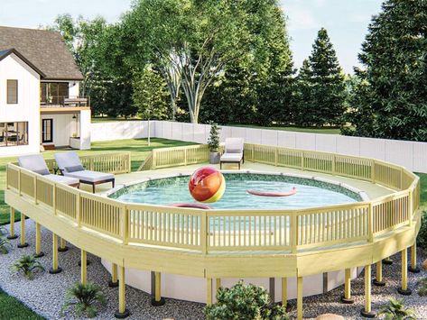 Above Ground Pool Wrap Around Deck, Easy Pool Deck, Diy Pools, Deck For Entertaining, Goat Mountain, Amazing Decks, Backyard Pool House, Pool Deck Decorations, Decks Around Pools