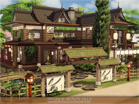 The Sims Resource - Japanese Beauty Villa Traditional Japanese Mansion, Japanese Exterior Design, Sims 4 Japanese House, Japanese House Layout, Japanese House Exterior, Japanese Mansion, Japanese Exterior, Lotes The Sims 4, The Sims 4 Lots