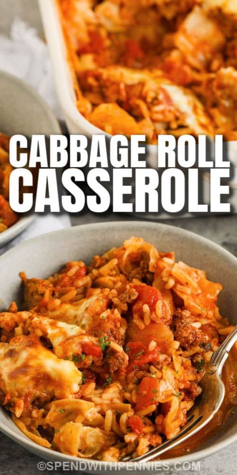 No need to fuss with rolling and peeling cabbage leaves with this easy cabbage roll casserole recipe. With all the same ingredients that make cabbage rolls so good but without all the steps, this main dish is so easy to make.  And what's more is that there are so few ingredients, just some cabbage, rice, ground pork, spices, and tomato. #cabbagerollcasserole #cabbagerolls #lazycabbagerolls #spendwithpennies Lazy Cabbage Roll Casserole With Ground Beef, Undone Cabbage Rolls, Lazy Cabbage Rolls With Sauerkraut, Ground Pork And Cabbage Recipes, Golumpki Casserole, Lazy Man Cabbage Rolls Casseroles, Cabbage Roll Casserole With Rice, Cabbage Rolls Crockpot, Easy Cabbage Roll Casserole