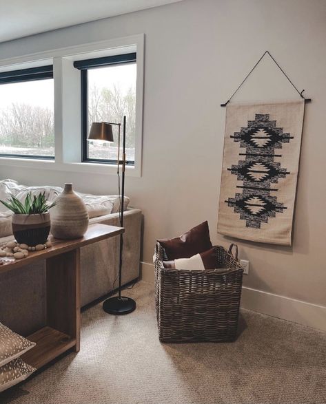 Black Boho Western Bedroom, Black Western House Decor, Chelsea Houska House, Black And White Aztec Living Room, Chelsea Deboer House Decor, Black Couch Western Living Room, Black And White Western Rug, Styling Shelves, Southwestern Decorating