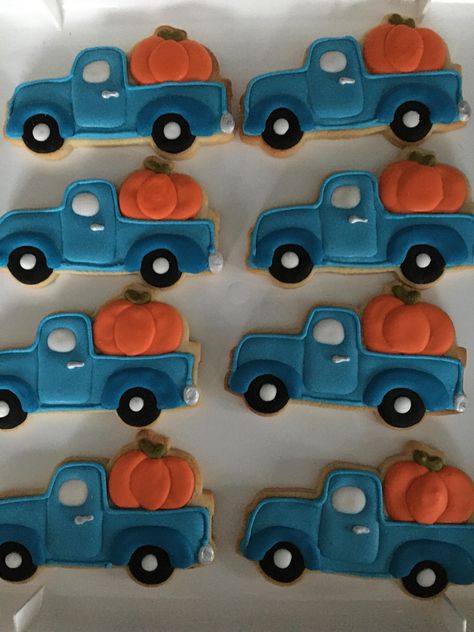 Truck Cookies, Fall Cutouts, Cookies Thanksgiving, Pumpkin Sugar Cookies, Sugar Cookie Royal Icing, Iced Sugar Cookies, Pumpkin Truck, Fall Cookies, Baby Cookies