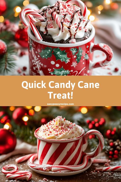 Festive mugs with candy cane and whipped cream adorn a Christmas-themed mug cake. Christmas Mug Cake, Baking Terms, Cake Sizes And Servings, Edible Bowl, Cookie In A Mug, Easy Zucchini Recipes, Mug Cake Recipe, Easy Candy, Pot Recipes Healthy