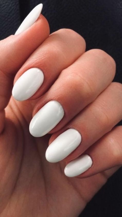 Round White Nails Acrylic, Short White Acrylic Nails Oval, Cute Gel Nails White, White Oval Nails Short, Oval Nails Designs White, White Oval Nails Acrylic, Short White Round Nails, Solid White Almond Nails, Rounded White Nails