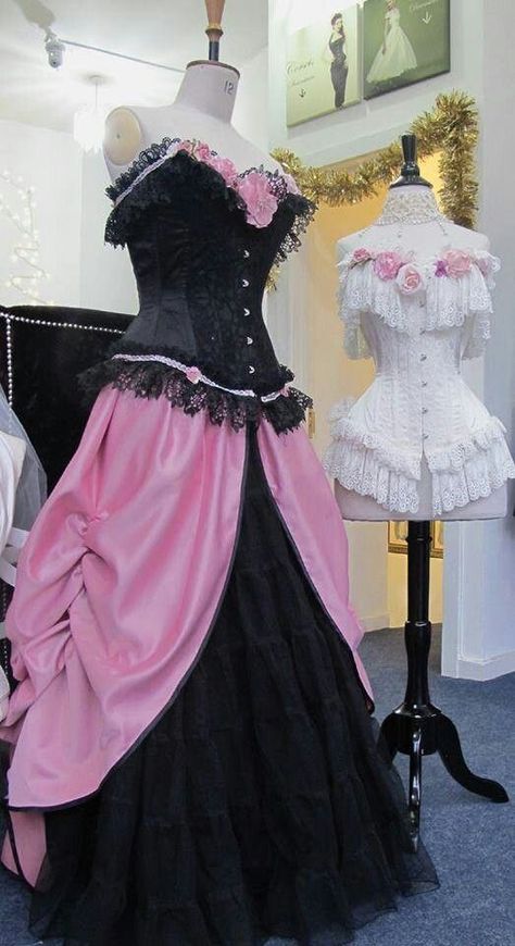 Pink Victorian Outfit, Black And Pink Gothic Outfit, Black And Pink Ball Gown, Black Masquerade Dress, Pink Medieval Dress, Baby Pink Prom Dresses, Victorian Ballgown, Emo Prom, Pink Vampire