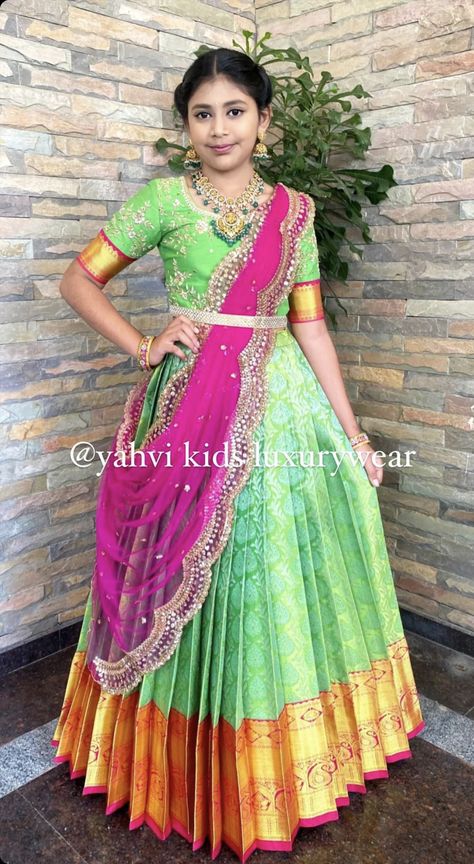 Half Saree Lehenga For Kids, Half Saree Function Kids, Ladies Frock Design, Smiley Birthday, Designer Choli, Pink Half Sarees, Frozen Shoes, Saree Function, Saree Drapes