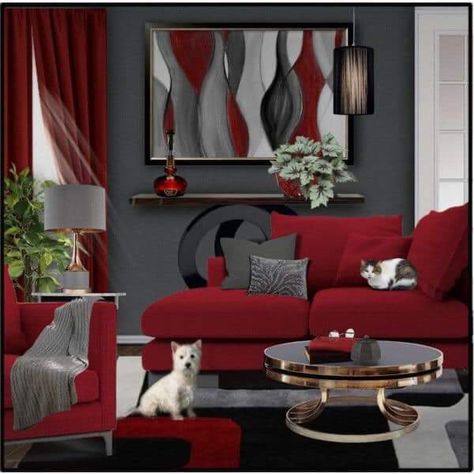 Gray Red Black Living Room, Red Sofa Decorating Living Room, Red Grey Living Room, Red And Grey Living Room Ideas, Gray And Red Living Room, Red Curtains Living Room, Black And Red Living Room, Grey And Red Living Room, Diva Room