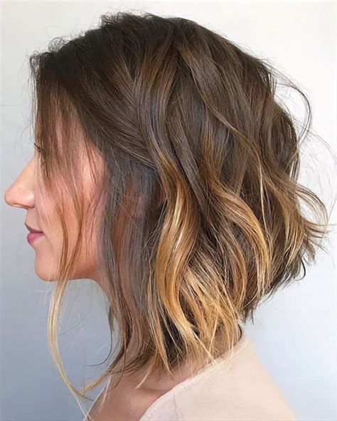 Unique Natural Hair Color, Angled Short Bob, High Low Haircut, Light Ash Brown Hair Color, Light Ash Brown Hair, Feathered Hair, Womens Haircuts Medium, Corte Bob, French Twist Hair