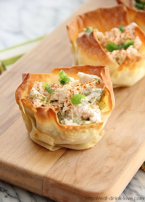 Chicken Salad Wonton Cups, Salad Wonton Cups, Chicken Salad Wontons, Wonton Wrapper Recipes Appetizers, Wonton Wrapper Recipes, Smoked Haddock, Chicken Salads, Wonton Cups, Won Ton