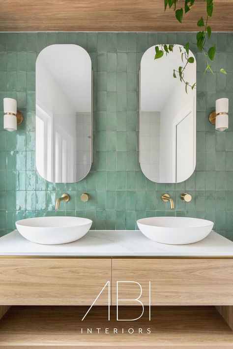 Try pairing a green statement wall with your favourite plants and gently contoured basins like our Willow to increase visual serenity. ⁠ For some shine, brushed brass tapware never goes awry. Ensuite Vanity, Small Bathroom Interior, Bathroom Tapware, Downstairs Bathroom, Bathroom Inspiration Decor, Main Bathroom, Green Bathroom, Bathroom Renos, House Bathroom