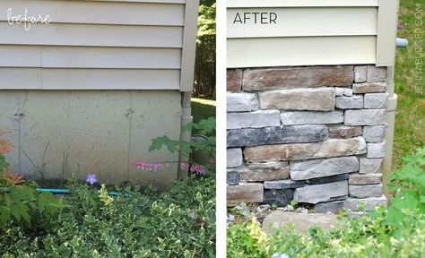 adding stone veneer to a concrete foundation wall, concrete masonry, outdoor living, porches Stone Veneer Exterior Garage, Faux Brick Panels Exterior, Rock Foundation Ideas, Faux Exterior Stone, Airstone Exterior, Brick Foundation Exterior, Exterior Stone Wall Cladding, Stone Panels Exterior, Rock Siding