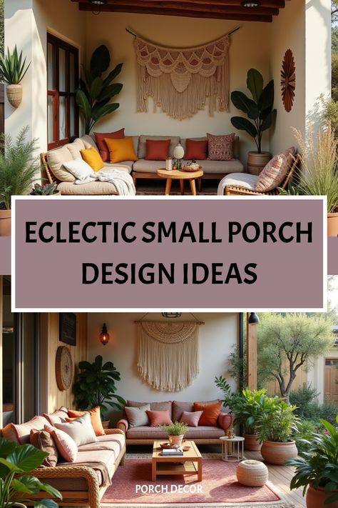 Colorful, textured small porch with multi-functional seating Bohemian Porch Decor, Small Porch Design, Small Porch Decor, Bohemian Porch, Tiny Entryway, Small Porch Decorating, Porch Design Ideas, Small Porch, Convertible Furniture