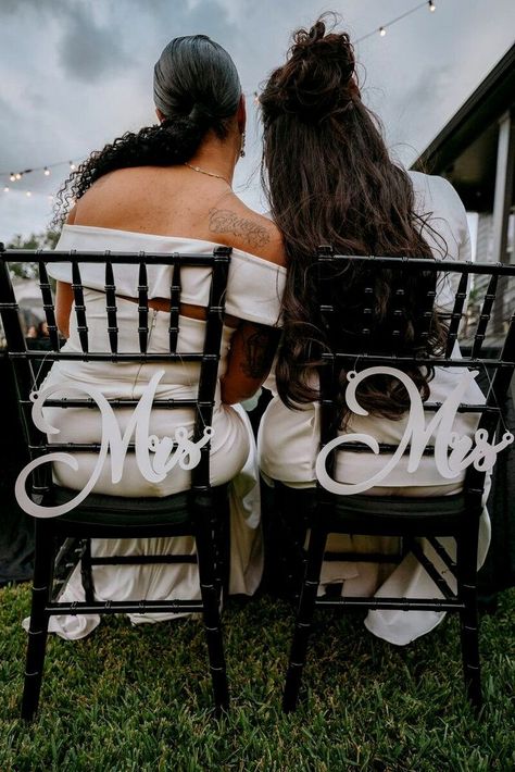 Stephanie & Alexis's beautiful gothic LGBTQ wedding. Their Mrs and Mrs wedding chair signs were the perfect touch for their black and white gothic wedding reception. We offer creative wedding photography in New Orleans. lesbian wedding, bride and bride Lesbian Wedding Color Schemes, Gothic Lesbian Wedding, Lesbian Fall Wedding, Wlw Wedding Ideas, Gothic Wedding Reception, White Gothic Wedding, Engagement Videography, Lesbian Engagement Pictures, Mrs And Mrs Wedding