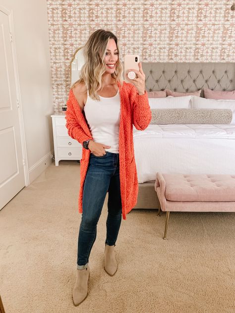 Coral Cardigan Outfits, Jeans Fall Outfit, Bright Cardigan, Cardigan With Jeans, Amazon Accessories, Coral Cardigan, Jeans Outfit Fall, Fall Cardigans, Cocoon Cardigan