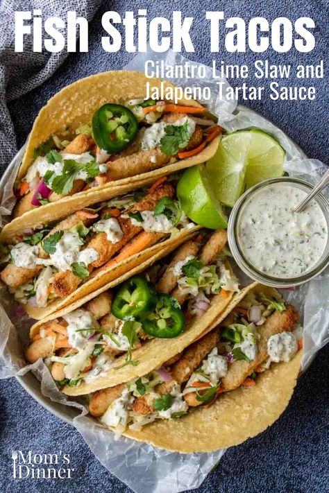 Super easy fish tacos made with frozen fish sticks! Bonus recipes for a Cilantro Lime Slaw and Jalapeno Tartar Sauce to build the best taco! Recipes Using Fish Sticks, Recipes With Fish Sticks, Fish Stick Tacos, Cilantro Slaw, Fish Tacos With Cabbage, Lime Slaw, Easy Fish Tacos, Cilantro Lime Slaw, Frozen Fish