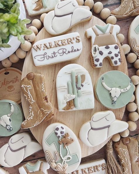 Walkers first rodeo! . . All colors are made with no artificial colors. . . #firstrodeo #rodeocookies #cowboy #decoratedcookies #cookies… | Instagram First Birthday Themes For Boys, Cowboy First Birthday, Cowboy Themed Birthday Party, Baby First Birthday Themes, Rodeo Birthday Parties, Rodeo Party, Boys First Birthday Party Ideas, Boys 1st Birthday Party Ideas, Baby Birthday Themes