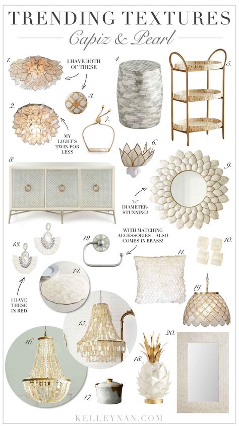 Best capiz shell and pearl home decor, from lighting to furniture and accessories- on trend, neutral home decor! Natural Glam Home Decor, Capiz Shell Decor, Pearl Interior Design, Beach Glam Decor, Trending Textures, Pearl Home Decor, Boho Glam Decor, Pearl Interior, Pearl Furniture