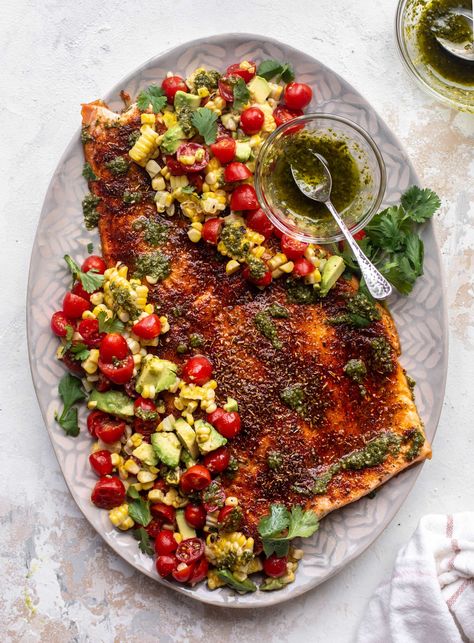 grilled summer salmon with chimichurri Summer Salmon Dinner, Summer Salmon Recipe, Couscous Bowls, Pesto Risotto, Summer Salmon, Corn Tomato Salad, Crispy Smashed Potatoes, Blackened Salmon, Lime Salmon