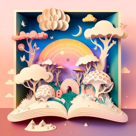 Fairy Tale Graphic Design, 3d Paper Art Forest, Fairytale Book Cover Illustration, Pop Up Fairytale Book, Alice In Wonderland Pop Up Book, Mushroom Images, Paper Cutout Art, Fairy Tale Books, Handmade Paper Crafts