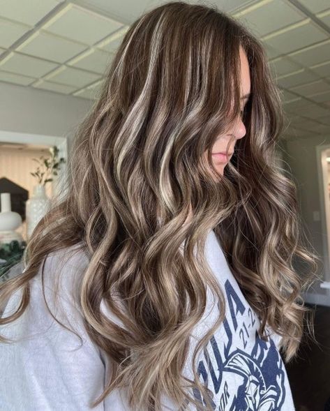 Beige and Platinum Ribbons in Warm Brown Hair Partial Blonde Highlights, Warm Blonde Highlights, Brunette With Blonde Highlights, Brown Hair With Blonde, Hair With Blonde Highlights, Warm Hair Color, Warm Brown Hair, Blonde Highlights On Dark Hair, Inspiration Designs