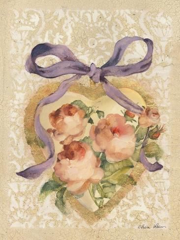 size: 12x9in Art Print: Hearts and Ribbons II by Cheri Blum : Cheri Blum’s (1969-2003) brief but prolific career resulted in over 400 paintings. Best known for using cracked linen as her canvas, she painted floral motifs reminiscent of weather-worn Italian frescoes. After college, Blum began her career as an illustrator and muralist, creating trompe l’oeil, faux painting and decorative furniture finishes, achieving her vision of getting fine art outside of museums and into people’s everyday live Cute Art To Paint, Vintage Inspired Art Prints, Art Made Out Of Nature, Floral Painting Aesthetic, Wall Print Art, Pink Vintage Prints, Victorian Style Painting, Art Inspo Canvas, Folk Wall Art