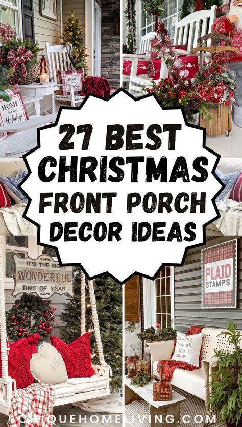 Transform your porch into a winter wonderland with our Essential Guide to Designing Your Perfect Porch for Christmas Decor! 🎄❄️ From cozy wreaths to twinkling lights, we've got you covered. #ChristmasDecor #PorchGoals #WinterWonderland #HolidayInspo #DeckTheHalls #FestiveFrontPorch #CozyChristmas #DIYDecor #HolidayHome #MerryandBright Outdoor Porch Decor Christmas, Christmas Decor Sled, Decorating Sleds For Christmas Porch Ideas, Porch Christmas Tree Decorations, Christmas Decorated Front Porch, Christmas Front Porch Railing Decor, Vintage Christmas Front Porch, Rustic Christmas Front Porch Ideas, Christmas Porch Bench Decorating Ideas