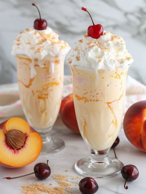 🍑 Copycat Chick-fil-A Peach Shake 🍦 Indulge in the creamy, fruity delight of a homemade Copycat Chick-fil-A Peach Shake. This quick and easy recipe brings the refreshing taste of summer peaches blended with rich vanilla ice cream, perfect for a sweet treat any time of the year.   Ingredients ⤵️  4 cups vanilla ice cream 1 cup frozen peaches, sliced ½ cup whole milk (or any milk) 1 teaspoon vanilla extract ¼ cup whipped topping 2 maraschino cherries 2 whole fresh peaches, peeled and chopped 🍑 Banana Pudding Milkshake Chick Fil A, Peaches And Cream Drink, Chick Fil A Milkshake Recipe, Peach Milkshake Chick Fil A, Peach Milkshake Recipe, Peach Milkshake, Creamsicle Smoothie, Chick Fil A, Maraschino Cherry