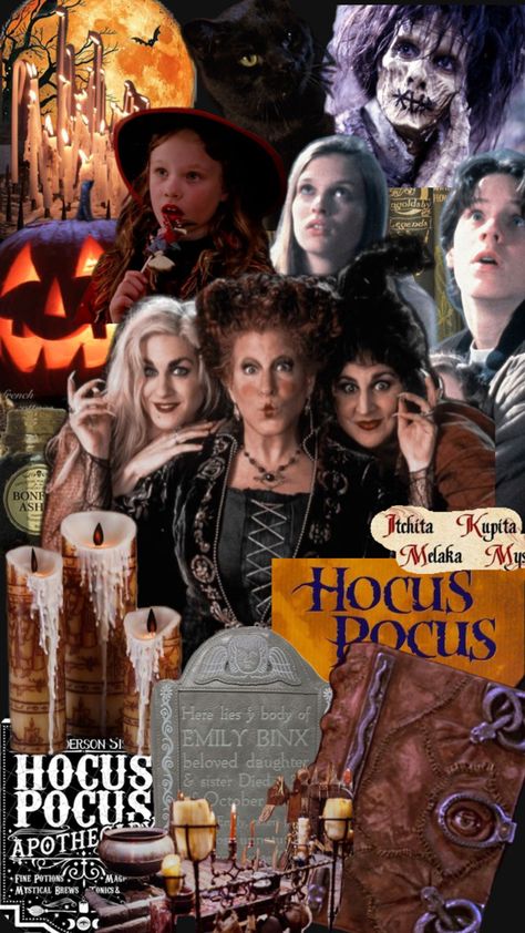 Hocus Pocus, black cat, candles, full moon, and spell book Hocus Pocus Wallpaper, Best Halloween Movies, Halloween Movie, Halloween Movies, A Collage, Hocus Pocus, All Time, Collage, Halloween