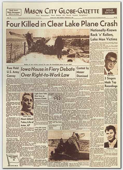 Rock 'n' roll was still in its infancy when it suffered its first tragedy. On Feb. 3, 1959, three of the biggest stars of the day — Buddy Holly, Ritchie Valens and J.P. Richardson, known as the Big Bopper — were killed in a plane crash near Clear Lake, Iowa. The Day The Music Died, Big Bopper, Ritchie Valens, Newspaper Front Pages, Winter Dance, American Bandstand, Star Of The Day, Newspaper Headlines, Historical Newspaper