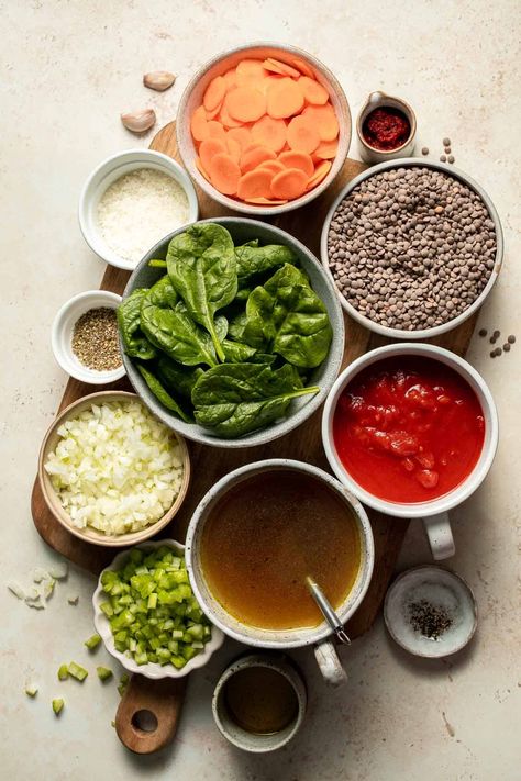 Italian Lentil Soup, Vegan Lentil Soup, Canned Tomatoes, Simple Pantry, Green Lentils, Sauteed Veggies, Hearty Meal, Vegetarian Soup, Frozen Spinach