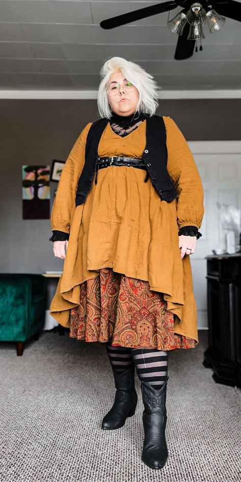 Follow for more outfit inspo! I wore this in the dead of winter but who says yellows and oranges can only be worn in fall? Save this pin for your next outfit inspo and follow to see more fits like this! I layered a patterned skirt under a solid dress 🫶 Soft Tummy Aesthetic, Fat Alternative Fashion, Plus Size Layered Outfits, Transfemme Fashion, Hayden Core, Plus Size Cottagecore Fashion, Fashion Lessons, Cottagecore Fits, Plus Size Ootd