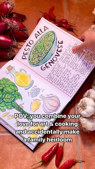 Bianca Bosso on Instagram: "(Follow me @biancabosso for more) I’m dedicated to turning my dream of an illustrated cookbook into reality. Thanks for all your love and support! Follow my broadcast channel or join my mailing list for updates 🧄🌶️🍝🍹📖   #cookbook #recipe #artoftheday  #artistsoninstagram  #italian #italianfood #italiancooking #pasta  #pastalover  #foodillustration  #crafting  #craftideas" Drawn Recipes, Recipe Aesthetic Book, Illustrated Recipes, Hand Drawn Recipe Book, Recipe Art, Watercolor Recipe Book, Cook Book Design Ideas, Illustrated Cookbook, Hand Drawn Cookbook