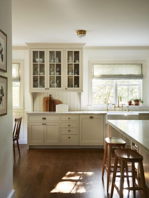 Copper Beech Cottage · Found Design Sconces On Either Side Of Kitchen Window, Timeless Country Kitchen, Cottage Charm Interior, 1930s Cottage Interior, Wood Trim Kitchen, Craftsman Cottage Interiors, Warm Kitchen Ideas, 1920s Cottage, Cottage Kitchen Renovation