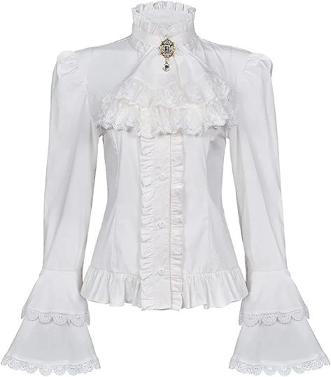 Victorian Blouse Womens Gothic Pirate Shirt Vintage Long Sleeve Lotus Ruffle Tops (L, 010 White) at Amazon Women’s Clothing store Flouncy Sleeves Blouses, Cheap Semi-formal Shirt For Fall, White Cowgirl Shirt Long Sleeve, Long Sleeve Half Shirts, Luxury Elegant Semi-formal Dress Shirt, Gothic Pirate, White Ruffle Shirt, Victorian Shirt, Ruffle Tops