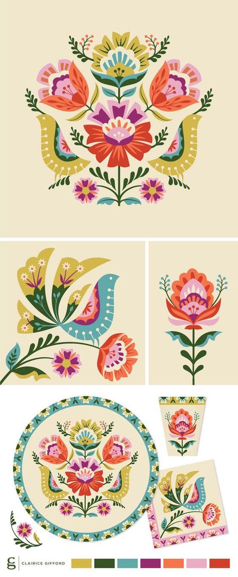 Poland Apartment, Jacobean Designs, Doodle Cards, Hungarian Art, Fauna Illustration, Folk Decor, Polish Folk Art, Arte Folk, Folk Art Flowers