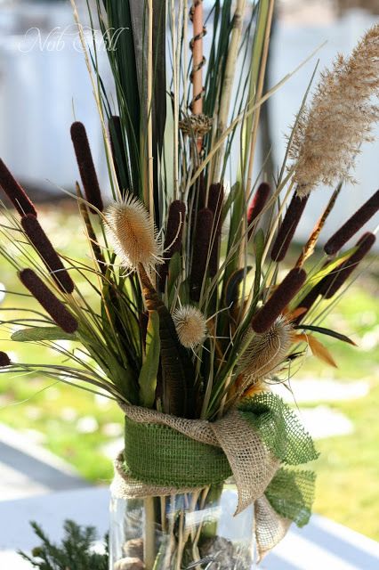 Thanksgiving - Duck Dynasty Style Floral Arrangements; Thistles, dry grasses, cattails and feathers. Wild Game Dinner, Thanksgiving Games For Adults, Grooms Table, Hunting Wedding, Deco Champetre, Disney Weddings, Hunting Party, Hunting Decor, Camo Wedding