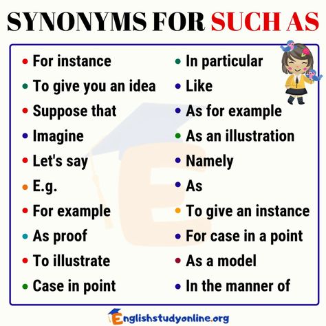 SUCH AS Synonym: List of 20 Common Synonyms for SUCH AS - English Study Online Common Synonyms, Essay Writing Skills, Good Vocabulary Words, Good Vocabulary, English Writing Skills, Words To Use, Business Emails, Life Hacks For School, Book Writing Tips