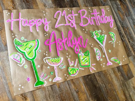 21st Banner Ideas, Hand Painted Banner, 21 Birthday Banner, College Banners, Birthday Paper Banner, Birthday Banner Ideas, Kraft Paper Banner, 21st Birthday Favors, Ring Dunk