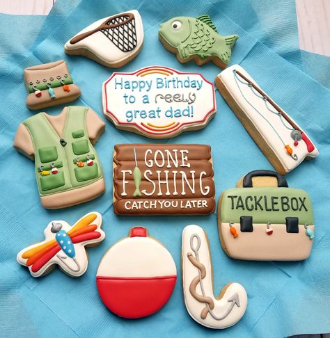 Fishing Cookies, Camping Cookies, Fishing Theme Birthday, Fishing Themed Birthday Party, Fish Cookies, Fishing Birthday Party, Wood Cookies, Sugar Cookie Royal Icing, Cookie Business