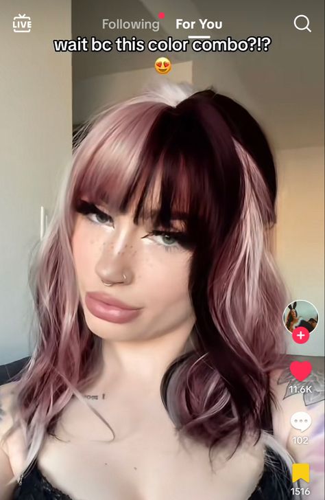 Half Burgundy Half Blonde Hair, Rose Gold Split Dye, Peekaboo Hair Color With Black Hair, Platinum And Burgundy Hair, Color Block Split Dye, Quad Hair Color, Latinas With Colored Hair, Fun Color Block Hair, Diy Split Dyed Hair