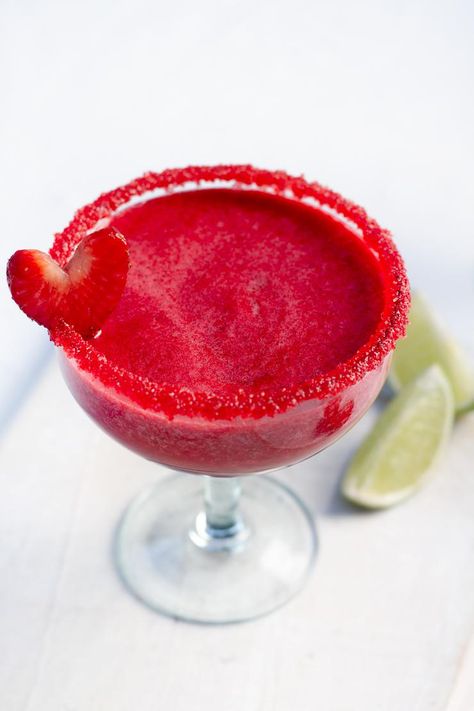 Strawberry Kiss Margarita Valentines Margaritas, Fruit Drinks Alcohol, Simple Valentines, Fun Drinks Alcohol, Mexican Drinks, Margarita Cocktail, Cocktail Recipes Easy, Alcohol Drinks, Easy Cocktails