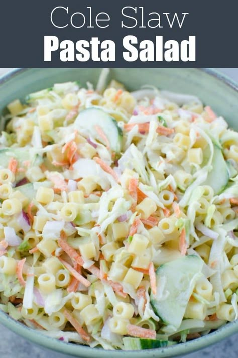 Coleslaw Salads, Coleslaw Pasta Salad, Cole Slaw Mix, Pepperoni Pizza Pasta Salad, Coleslaw Pasta, Pasta With Mayonnaise, Sliced Cucumber, Barbecue Side Dishes, Ditalini Pasta