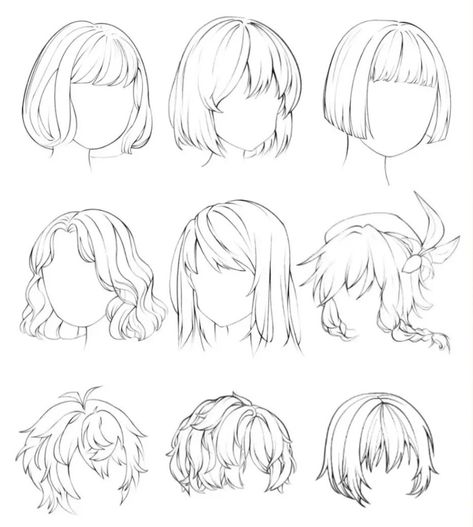 Hair Bangs Reference Drawing, Drawing Hair With Bangs, Bangs Hairstyles Drawing Reference, How To Draw Hair Woman, Female Bangs Drawing Reference, Different Bangs Styles Drawing, Hair Drawing With Bangs, How To Draw Hair Bangs, Straight Bangs Drawing