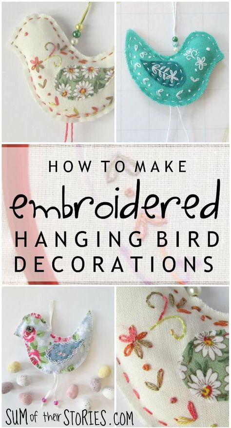 How to make Embroidered Hanging Bird Decorations Embroidered Bird Ornaments, Felt Embroidery Projects Wool Applique, Hand Stitched Birds, Bird Ornaments Pattern, Wool Embroidery Projects, Embroidering On Felt, Fabric Birds Diy, Regency Era Embroidery, Embroidered Birds Free Pattern