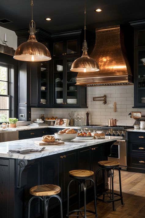 Copper Accents Kitchen, Modern Copper Kitchen, Copper Kitchen Accents, Copper Dining Room, Black And Copper Kitchen, Black And Grey Kitchen, Copper Kitchen Decor, Epoxy Countertop, Copper Decor