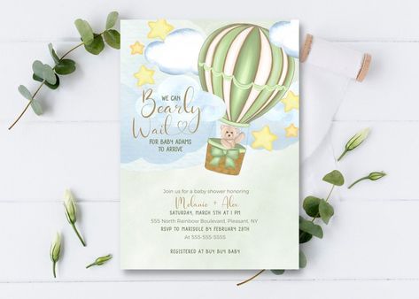 #babyshower #babyshowerinvitations #printable Adventure Baby Shower Theme, Adventure Awaits Baby Shower, Hot Air Balloon Adventure, Balloon Invitation, Adventure Baby Shower, Boy Shower Invitations, Animal Baby Shower Invitations, Adventure Baby, Text Graphics