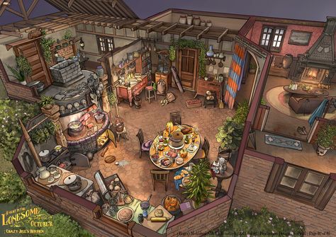 Kitchen Concept Art, Fantasy Inn, Feng Zhu Design, Interior Concept Art, Feng Zhu, Kitchen Concept, House Flippers, Isometric Art, Scenery Background